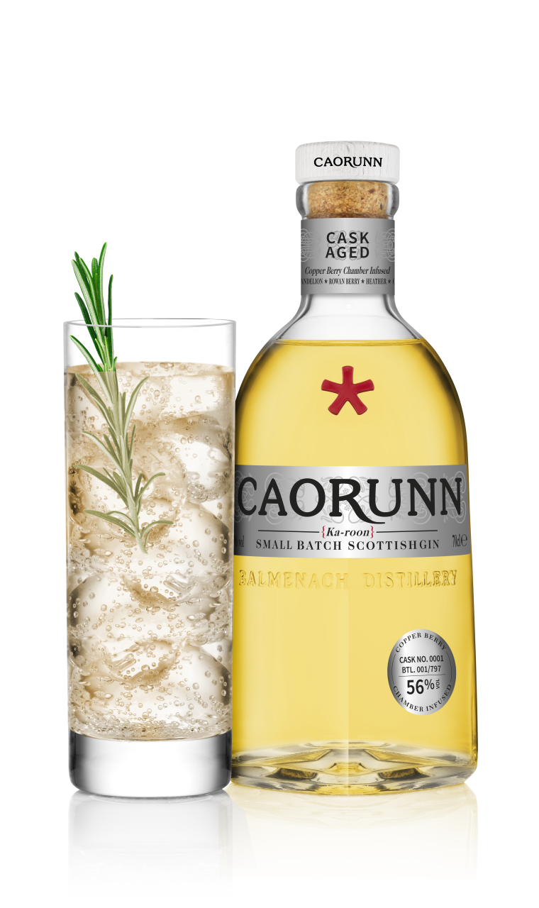 Caorunn Cask Aged 70cl Bottle (No Neck Tag with Relfection And Drink)