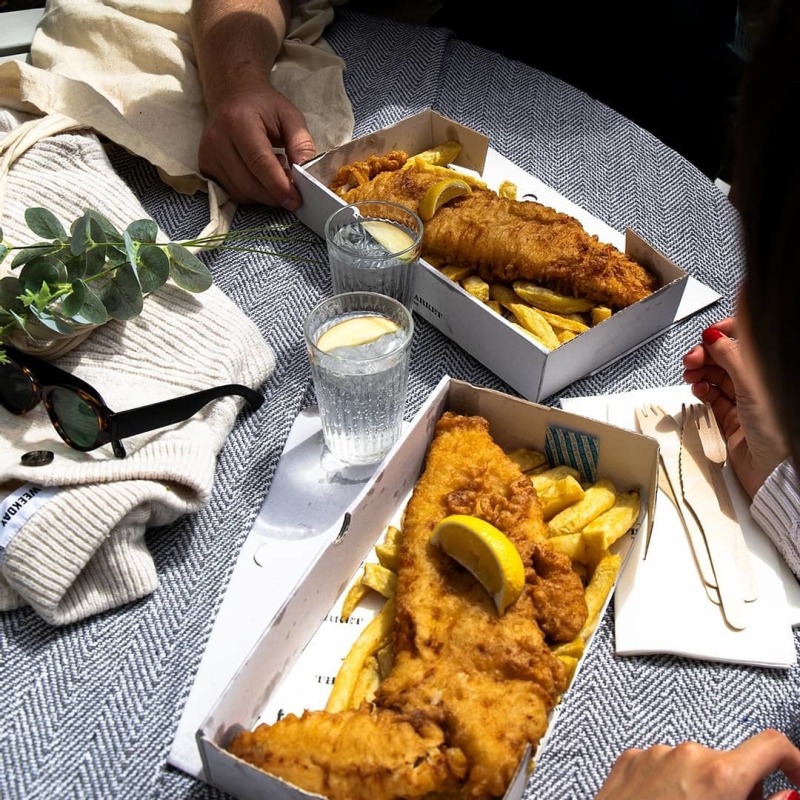 Fish and chips with caorunn gin