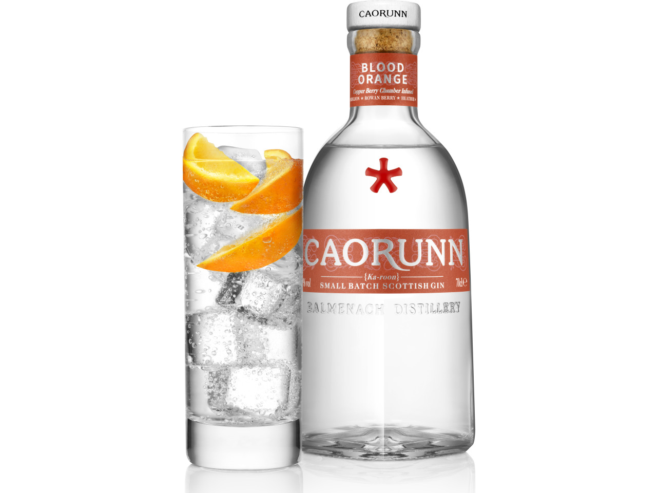 Caorunn Blood Orange 70cl Bottle With Serve PNG With Reflection