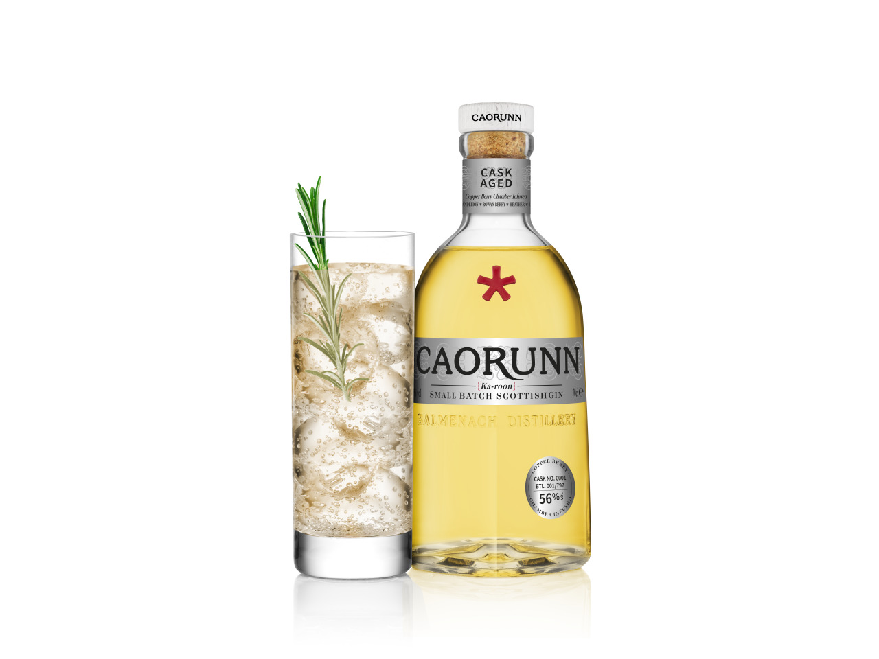 Caorunn Cask Aged 70cl Bottle (No Neck Tag with Relfection And Drink)